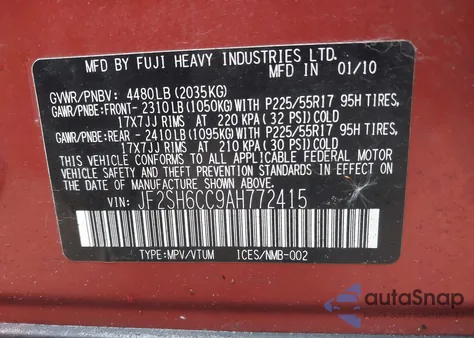 2010 Subaru Forester 2.5X Premium z USA, uszkodzony, nr VIN JF2SH6CC9AH772415